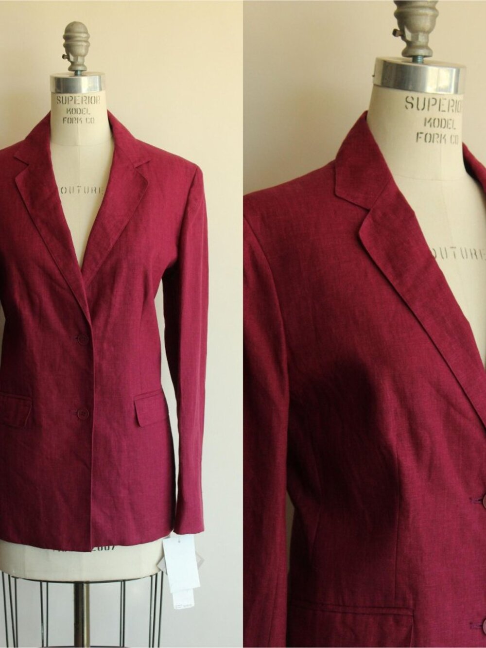 Vintage 1990s Jacket, NWT Jones New York 100% Linen Blazer, Size 8, Mulberry Pin